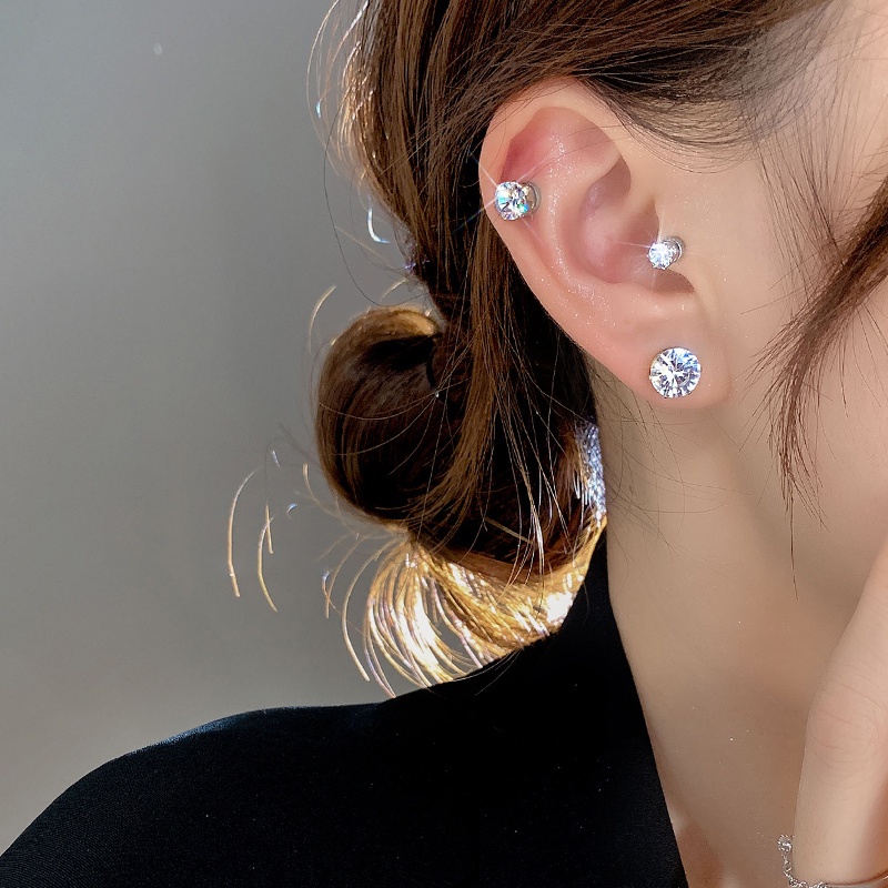 Anting Kristal Zirkon Magnetik Anting Non Piercing Silver Stud Earring Wanita Perhiasan Aksesoris Mudah Dipakai Klip Telinga