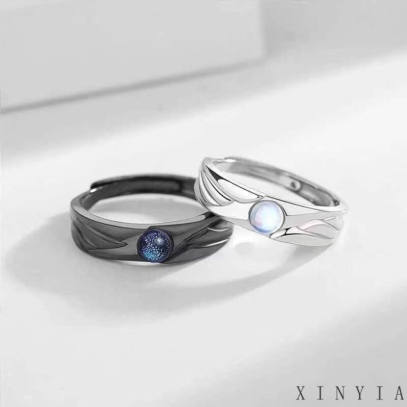 【Bayar di tempat】Cincin Metal Cincin Hitam Putih Moon Shaped Sintetis Moonstone Cincin Fashion Pasangan Yang Dapat Disesuaikan