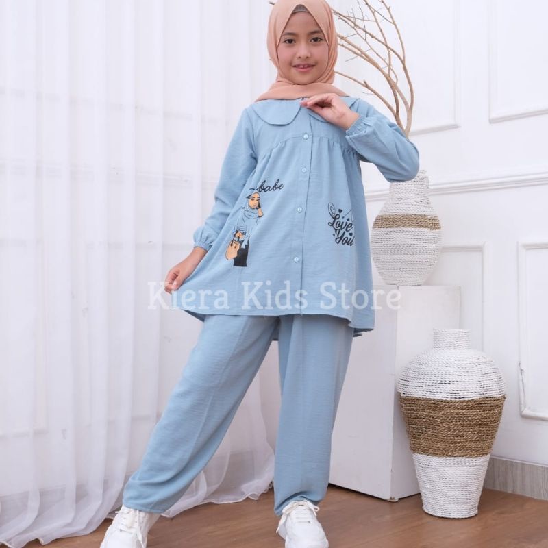 Setelan Anak Perempuan Bahan Crinkle Premium Airflo Motif Gambar Usia 3-12 Tahun