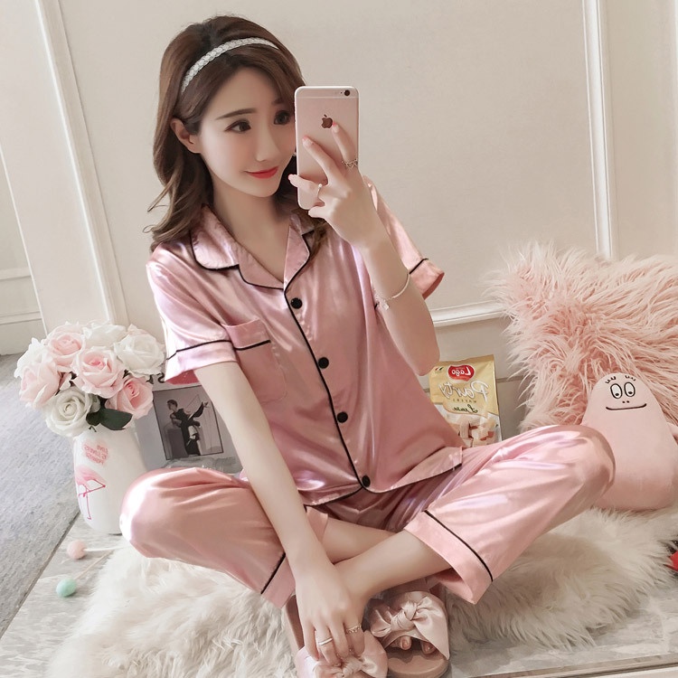 TUTULADY Baju Tidur Wanita Set Satin Halus Lengan Pendek Dan Celana Panjang Bahan Lembut