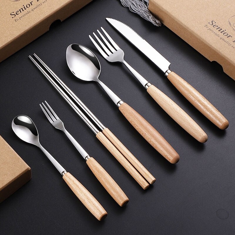 GSi8 Set Perlengkapan Makan Sendok Garpu Pisau Sumpit Gagang Kayu utk Hadiah Hampers Wooden Handle Ka2020  Portable Travel Silver Bearpaw