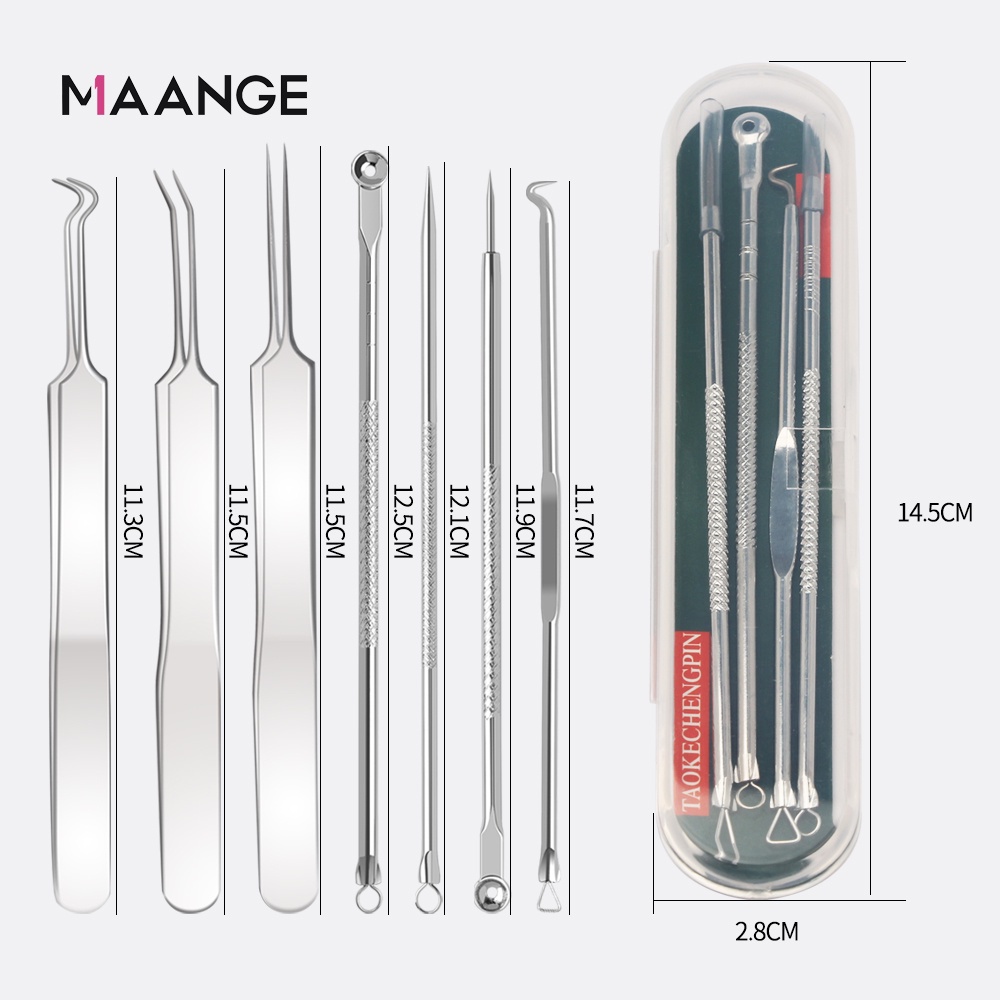 MAANGE 7 Pc/Set Alat Facial Pencabut Komedo &amp; Jerawat Silver (Pinset Komedo) Komedo Jerawat Penghilang Jerawat Pinse