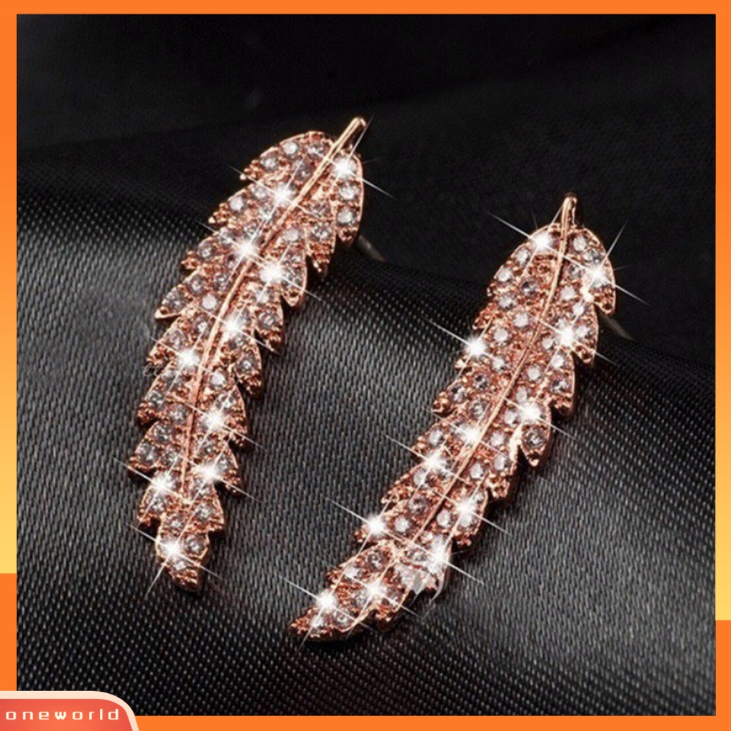 [WONE] 1pasang Wanita Anting Daun Berlian Imitasi Perhiasan Electroplating Sparkling Stud Earrings Untuk Pernikahan