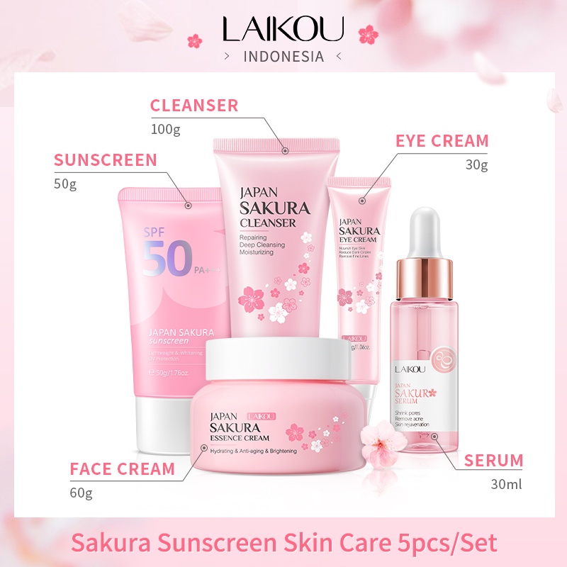 LAIKOU Japan Sakura Pembersih Wajah Glowing Serum Sunscreen SPF50 Set Perawatan Kulit 5pcs