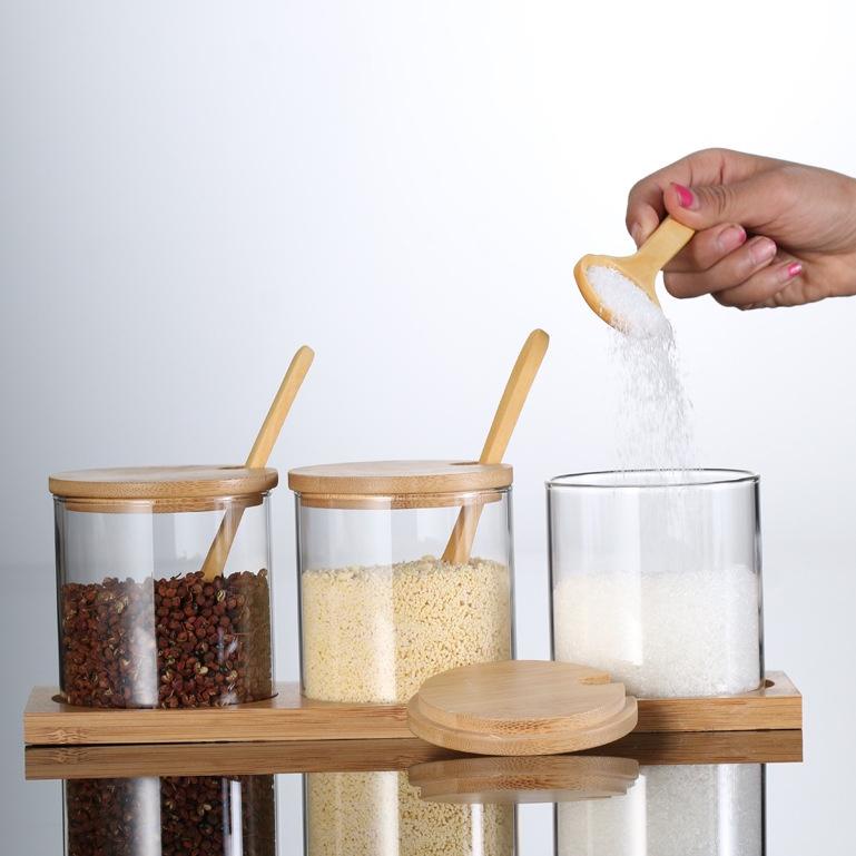 3Q4 TEMPAT BUMBU KACA SET ISI 3 TOPLES DENGAN ALAS DAN PENUTUP KAYU / VINTAGE SGE JAR / SEASONING JA