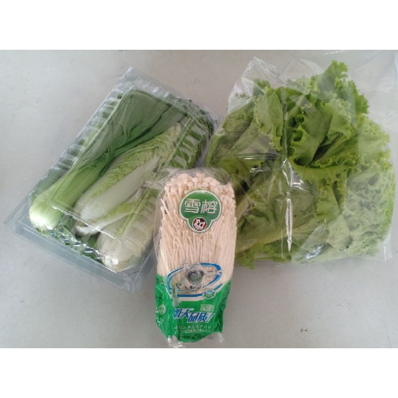 

Paket sayur grill / steamboat / suki segar enoki, selada, pokcoy, sawi putih