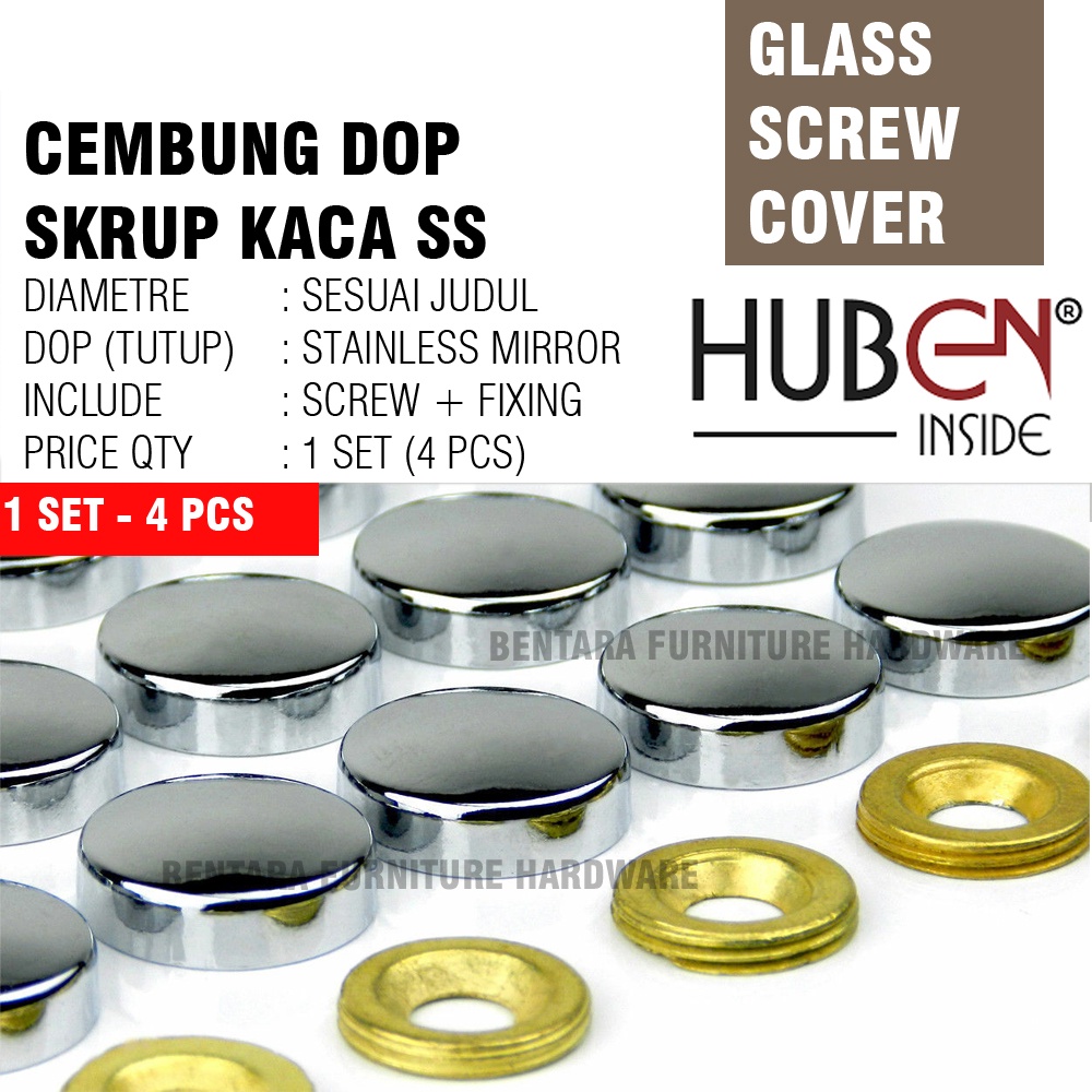 4 x HUBEN SKRUP KACA 16 MM DOP SCREW CEMBUNG - Stainless Steel Cover Cap Glass Mirror Standoff (DIAMETER 1.6 CM)
