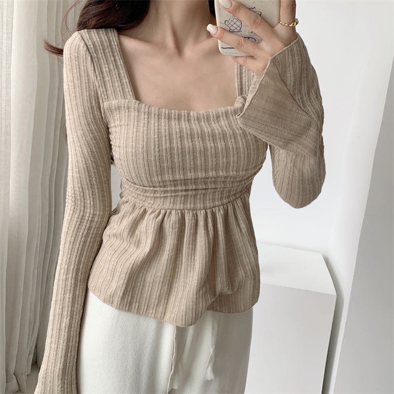 ﹍✼Suhao gaya hasrat murni hot girl square collar long-sleeve t-shirt wanita musim gugur dan musim dingin trumpet sleeve bottoming shirt dengan slim fit dan thin belly cover top