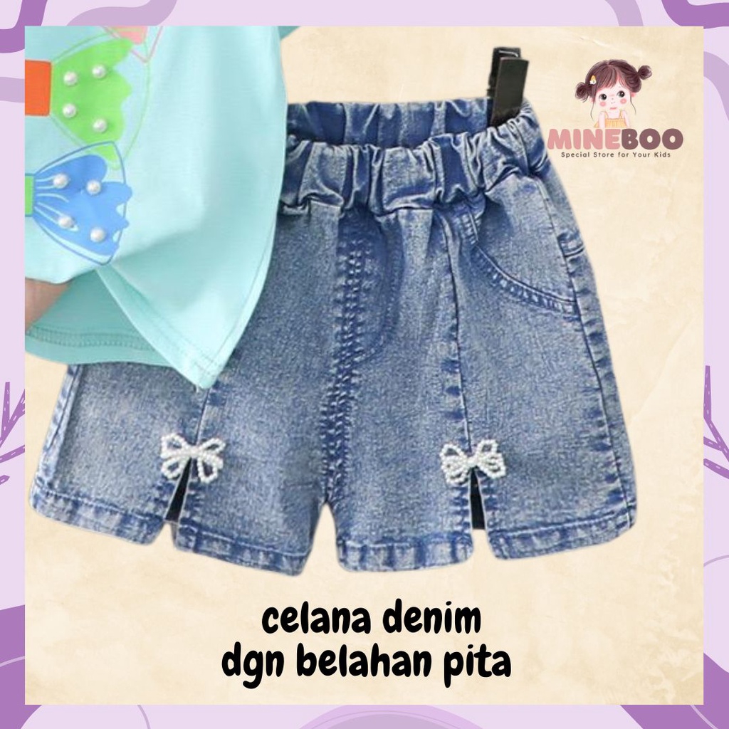 mineboo - SET RIBBON MOTEK EBV 1-5tahun Setelan anak perempuan baru/versi Korea kartun celana denim/baju anak perempuan