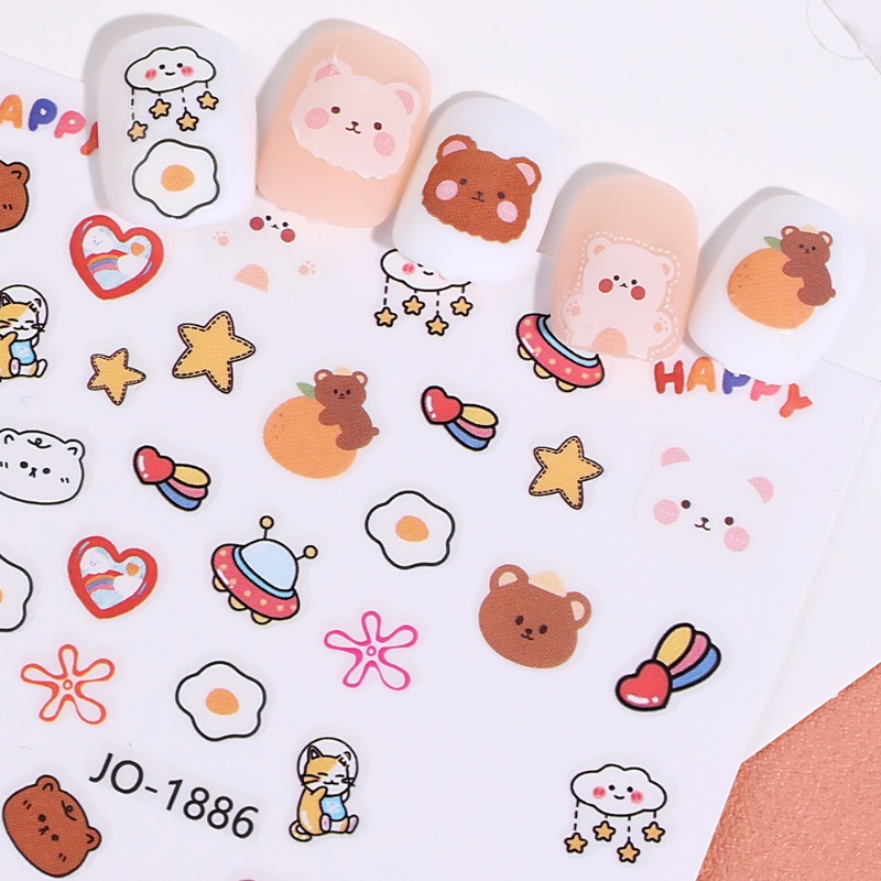 1lembar 3D Kartun Beruang Wortel Kelinci Stiker Kuku Hewan Bunga Perekat Diri Kuku Stiker DIY Manicure Art Supplies