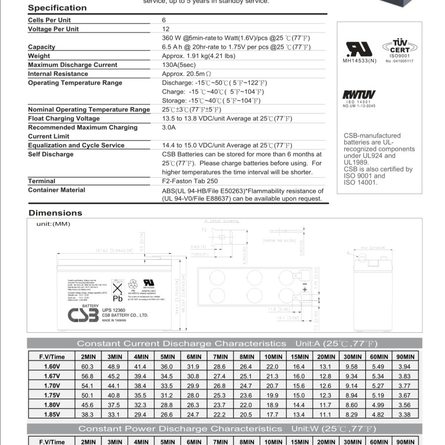 Baterai UPS CSB 12360 12V 6Ah - Aki Kering | UPS Battery