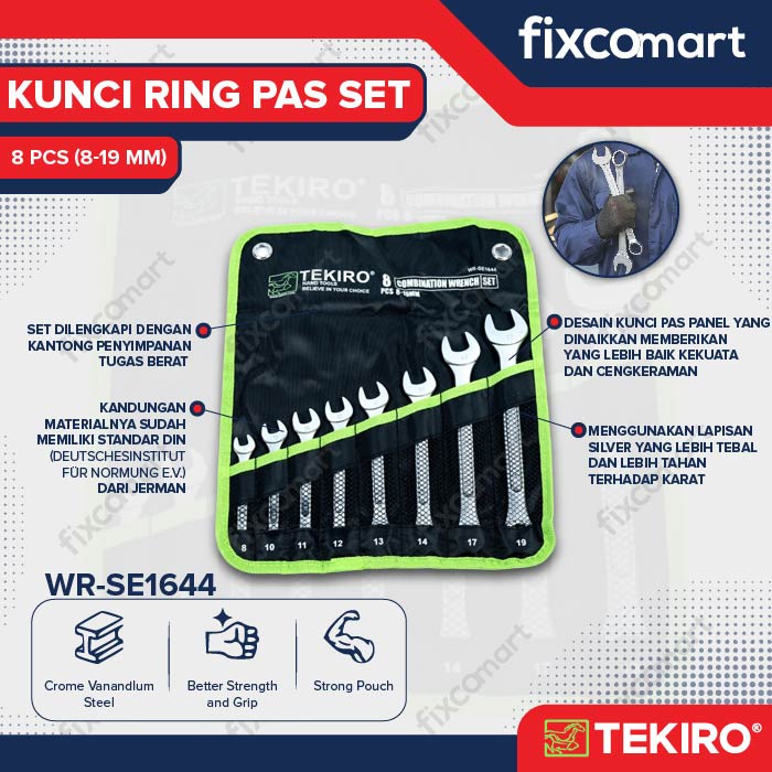 Tekiro Combination Wrench Set / Kunci Ring Pas Set 8 Pcs (8-19 Mm)