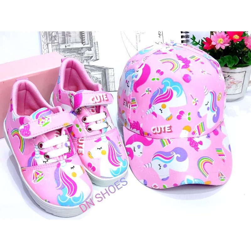 Paket Sepatu Sneakers Anak Perempuan Topi Anak Paket Sepatu Tali Anak Topi Pet Bayi Perempuan Karakter Unicorn Pink Cute Murah