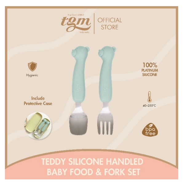 TGM Teddy Silicone Handled Baby Spoon And Fork Set With Case - Sendok Garpu Bahan Stainless Silicone Spoon Fork Toddler