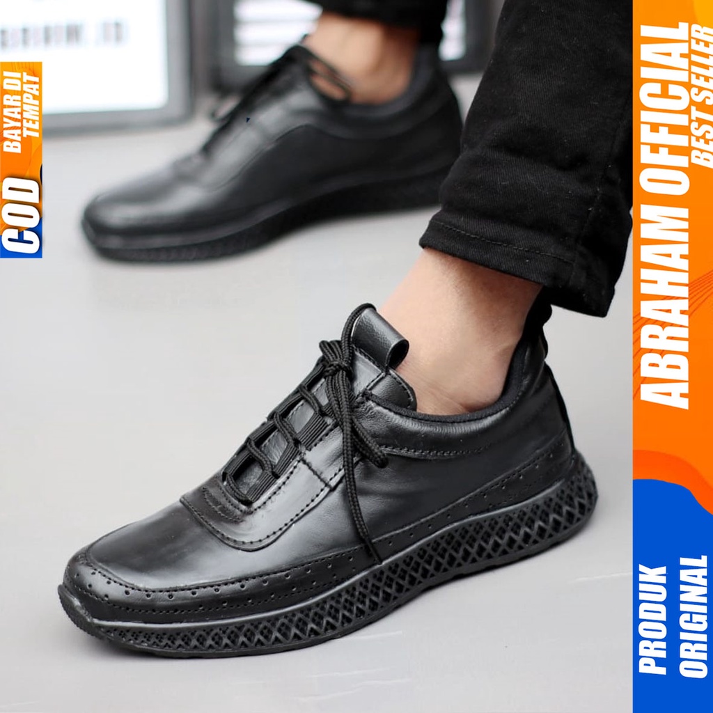 Sepatu Pantopel Kerja Formal Kulit Asli Full Hitam Casual Pria Abraham Blosom