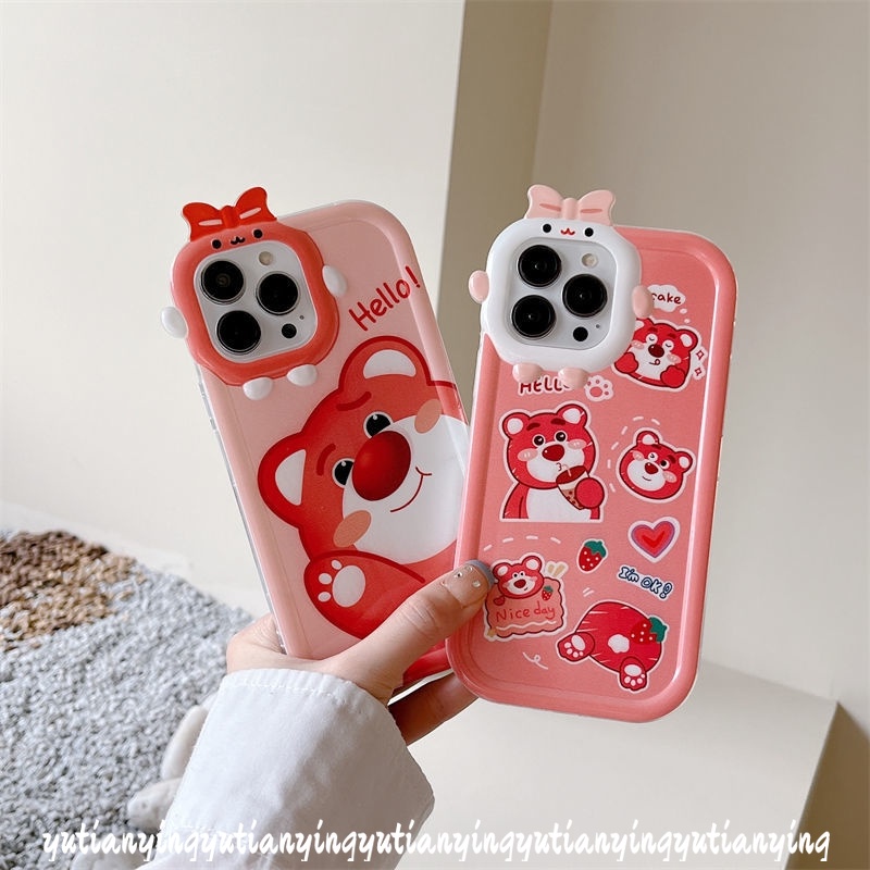 IPHONE Case Lensa Little Monster 3D Bow-knot Kompatibel Untuk Iphone7Plus11 Pro Max13 12 14 Pro Max 6s 6 8 14 Plus XR X XS Max SE 2020kartun Manis Strawberry Bear Manyo Cute Soft Cover