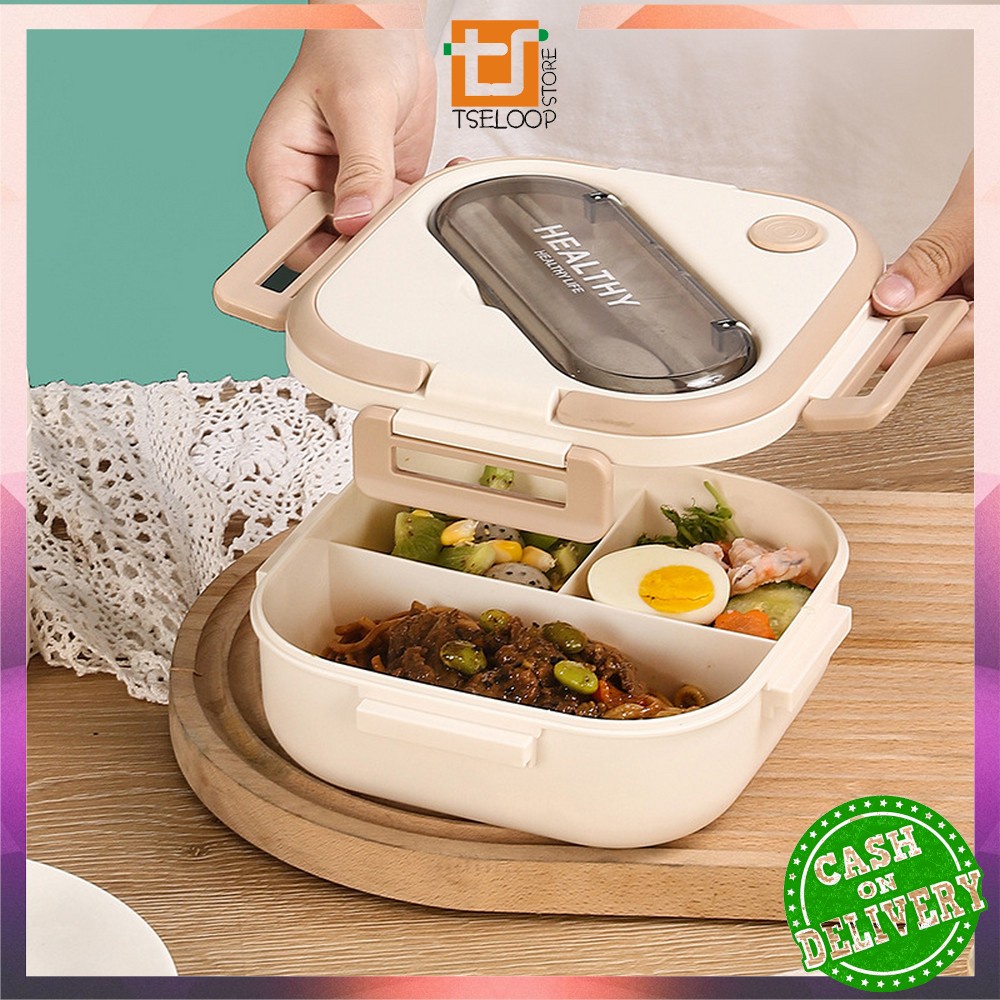 OFM-C757 Lunch Box Set Alat Makan 3 Sekat Anti Tumpah / Kotak Bekal Makan Anak Free Sendok Sumpit Anti Bocor