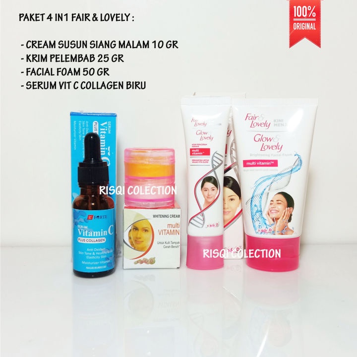 Paket Glowing Fair &amp; Lovely -Facial Foam - Pelembab - Cream Siang Malam-Serum Biru Original BPOM
