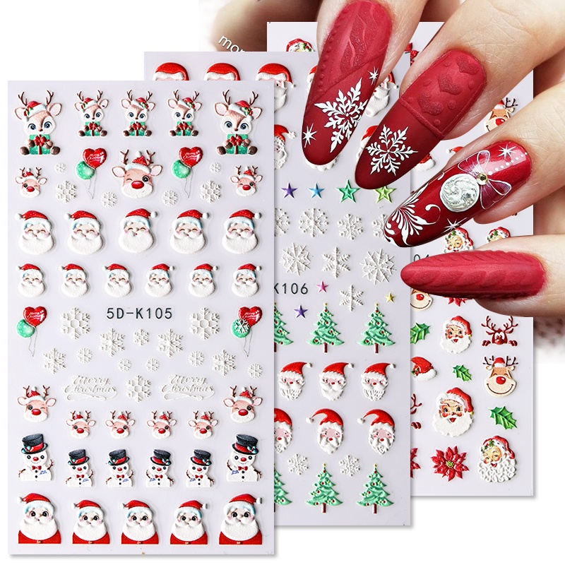 Stiker Kuku Motif Hati Merah Snowflake Santa Claus Natal 5D Untuk Dekorasi Nail Art