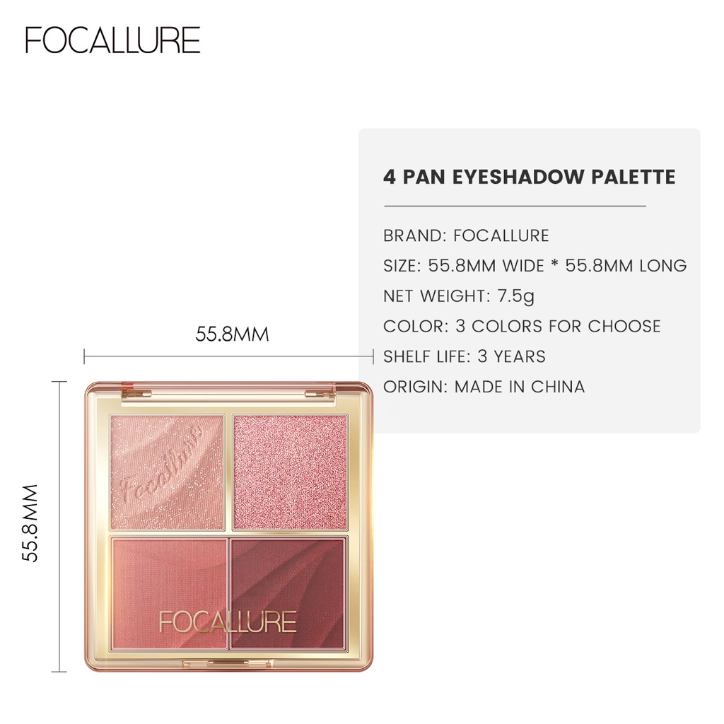 FOCALLURE Shimmer Eyeshadow Palette 4 Shades Waterproof High Pigment Palet Eyeshadow Long-lasting FA314