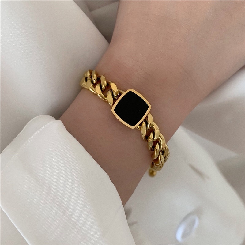 Gelang Titanium Sisik Naga Black Square Kotak Elegant Korea Fashion Style