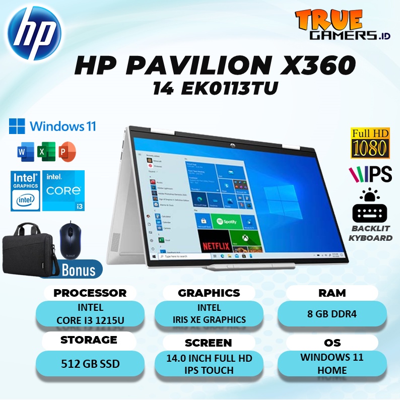 LAPTOP HP PAVILION X360 14 TOUCH CORE 3 100 RAM 8GB 512SSD WIN11+OHS 14.0FHD IPS FREE PEN