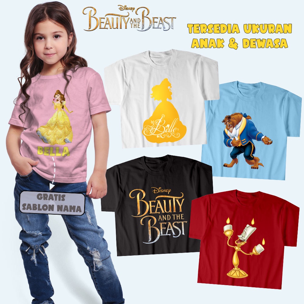 Baju Princess Belle Beauty And The Beast Anak dan Dewasa Kaos Couple Ibu dan Anak Motif Beauty And T
