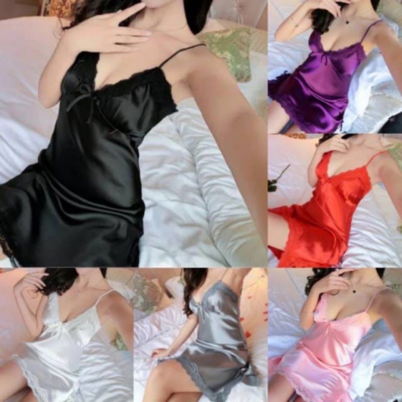 Baju Tidur Lingerie Satin Renda Wanita Korea Sexy Mini