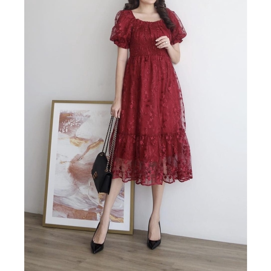 Dress Meldy Dress MATT BROKAT TILE MUTIARA LAPIS FURING LD90-96 PJFURING90 PJBRUKAT100, PINGGANG KAR