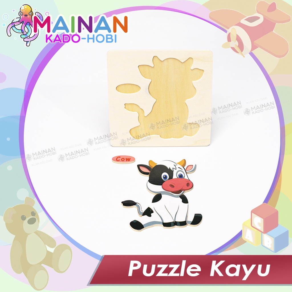 MAINAN LIBURAN ANAK MINI PUZZLE PETAK KAYU KARAKTER HEWAN COW SAPI