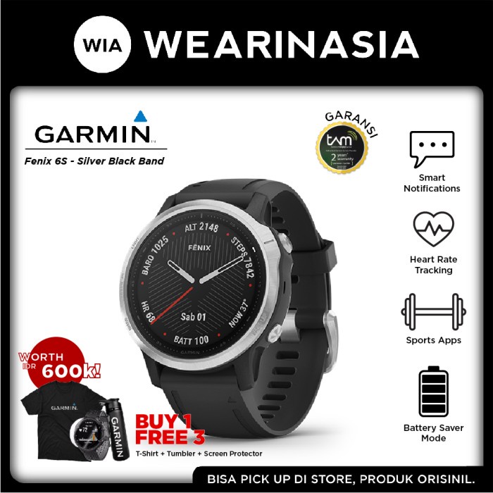 Garmin Fenix 6S Smartwatch Silver with Black Band Garansi TAM 2 tahun