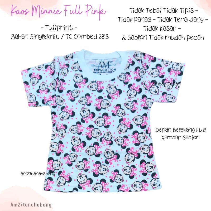 BAJU KAOS ANAK CEWEK Bayi 3 bulan s/d 10 tahun Fullprint Katun - Minnie FullPiNk