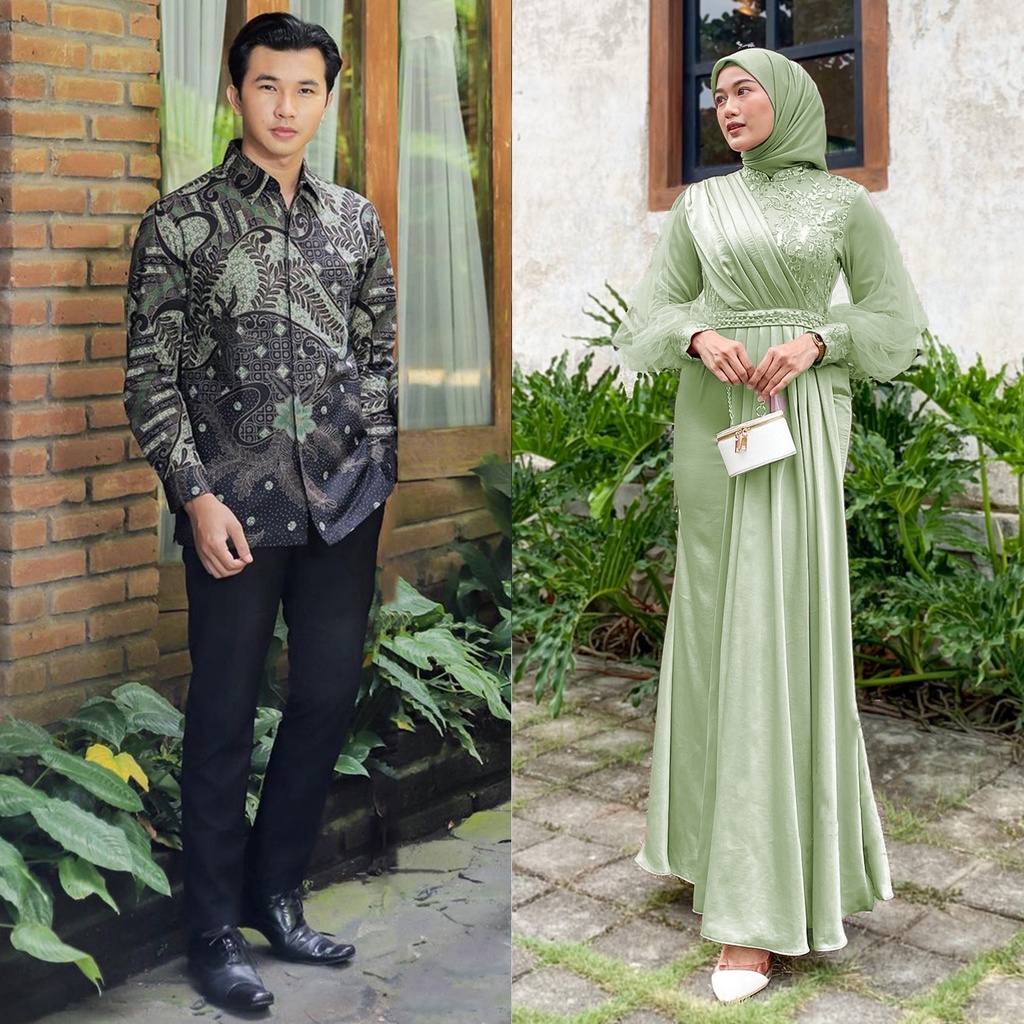 AZKANA BATIK - Gamis Couple Adeeva Dress Kondangan Dan Lebaran Modern Dress Satin Mix Brokat Payet Premium Dress Sarimbit Modern Gamis Couple