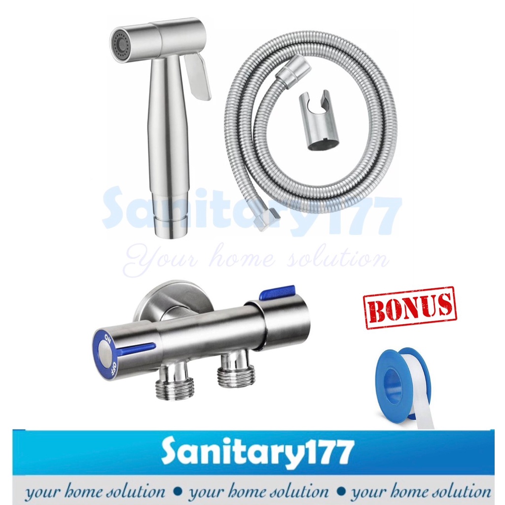 Bundling paket shower Cebok stainless st dan stop kran cabang 2b  stenles semprotan kloset closet jet bidet toilet complete set