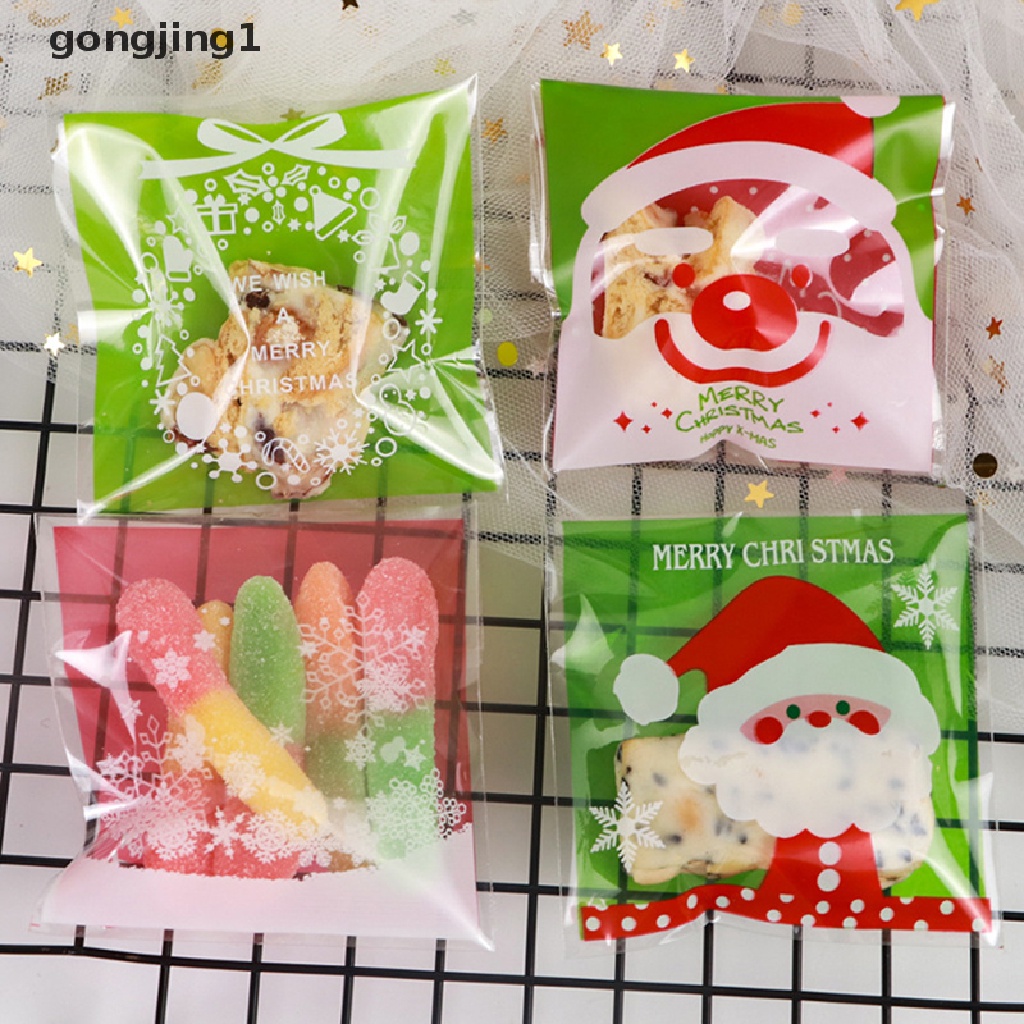 Ggg 100pcs /pack Merry Christmas Cookie Candy Tas Perekat Diri Baking Bags 10*10cm ID