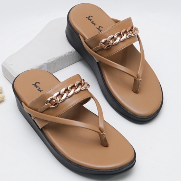 SARASARA YUK - MIRZA Sandal Wanita Jepit Casual Size 36 - 40 Model Chain Sendal Japit Cewek Bahan Kulit untuk Jalan Pergi Santai Slop Warna Brown Coklat Capit Rumah Tidak Licin Premium Original Sara Sara Kekinian Terbaru Shoes ORI Mall Official Store