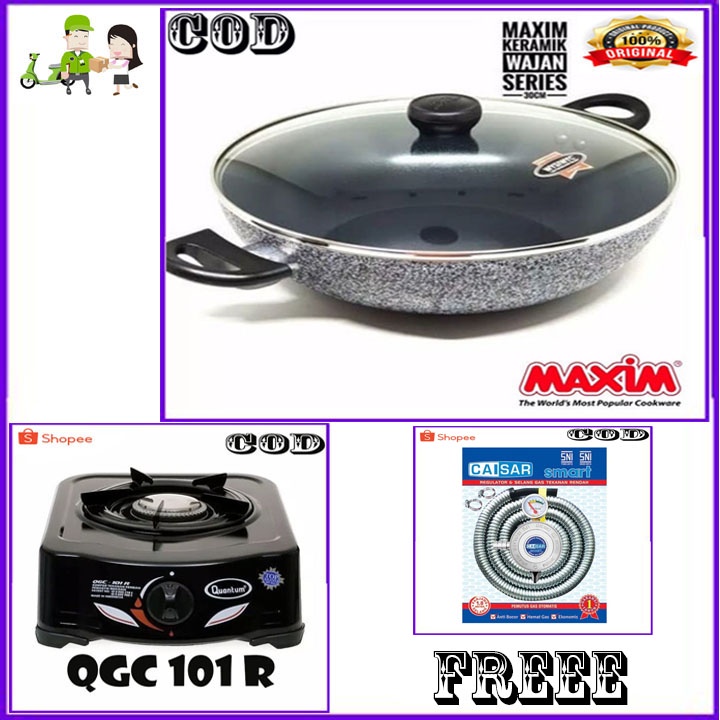 NEW MAXIM CERAMIC WOK 30 CM + TUTUP KACA + KOMPOR QGC-101R 1 TUNGKU + FREEEE SLARANG REGULATOR BERGARANSI RESMI