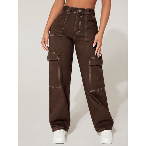 Highwaist Cargo Jeans Brown wanita/pria