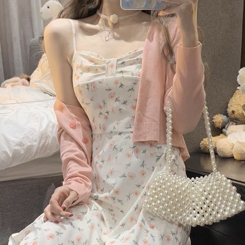 READY - Pink Bowtie Floral Dress Set (with cardigan) | Baju terusan gaun bunga pink brandy melville 