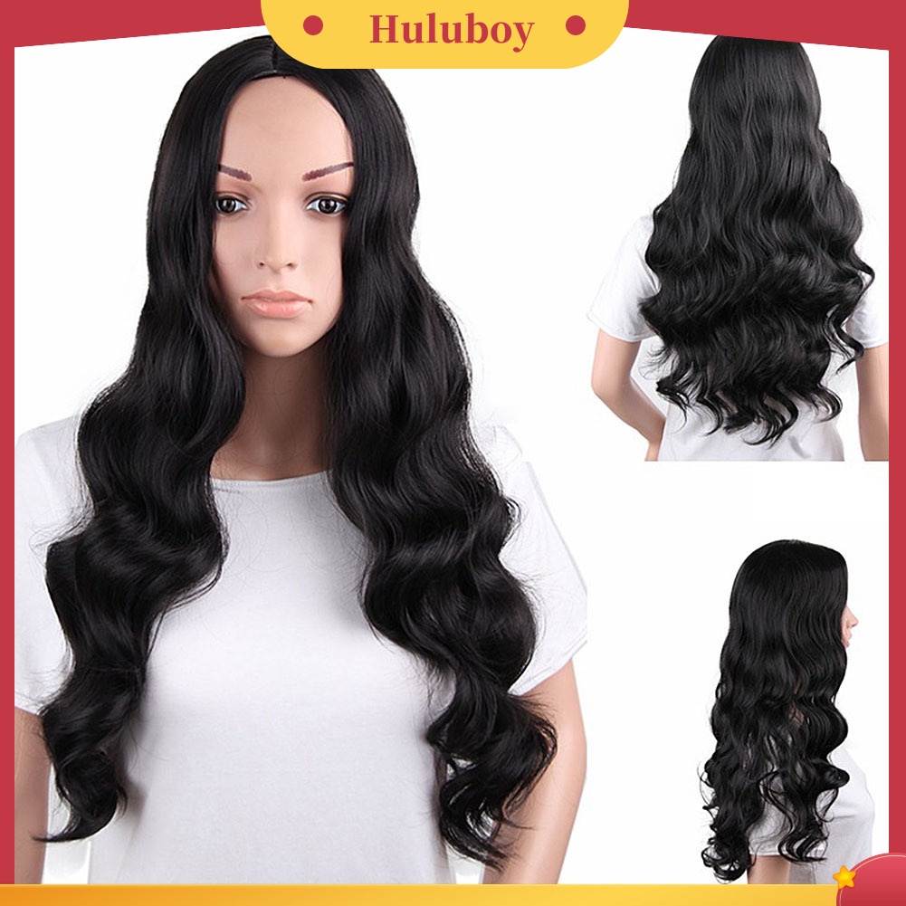 Wig Rambut Sintetis Model Panjang Keriting Gelombang Warna Hitam Tahan Panas Untuk Wanita