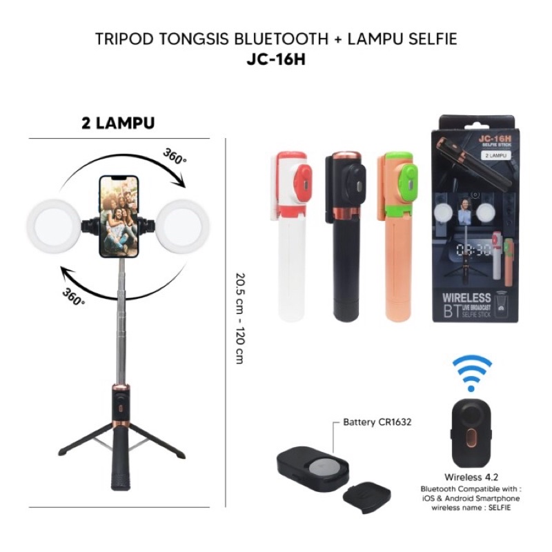 TRIPOD SELFIE RING LIGHT JC-16H TONGSIS TRIPOD REMOTE BLUETOOTH - 1 Lampu