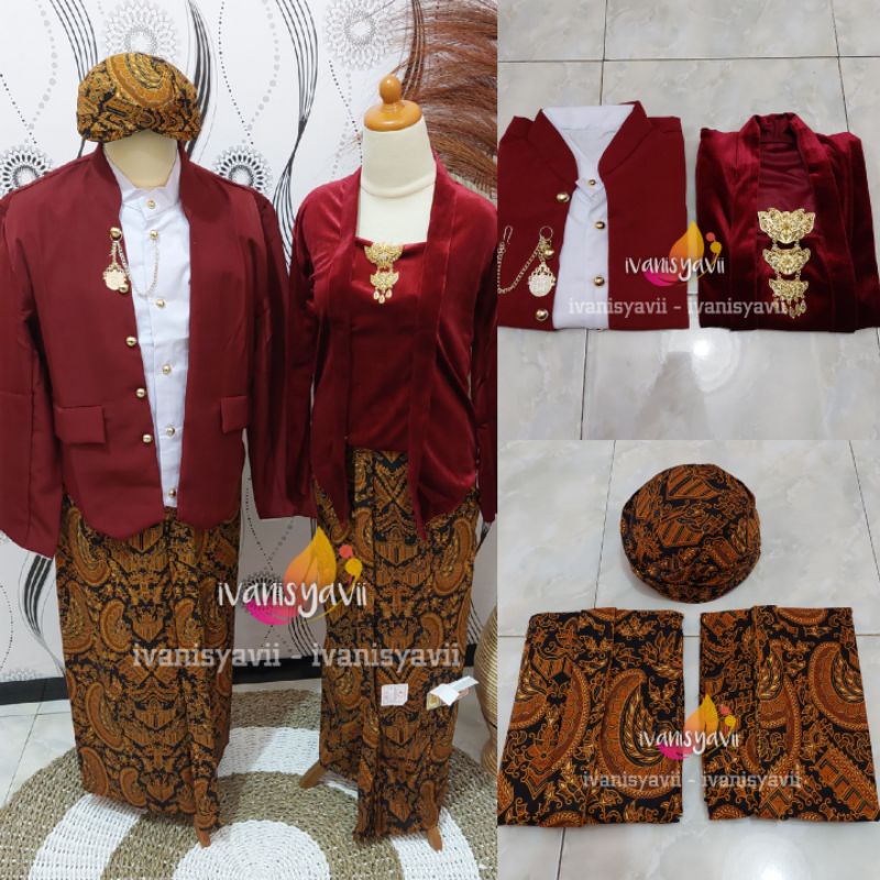 Full Set Baju Prewedding / Baju Couple Adat Jawa | Nuansa Hewes Maroon - Motif Semen romo