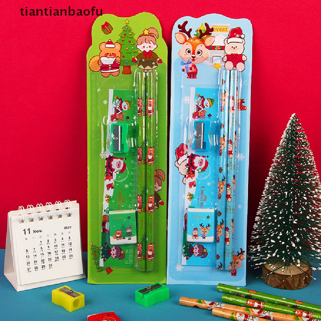 [tiantianbaofu] 5pcs /Set Lucu Kartun Stationery Set Natal Stationery Set Pensil Pengasah Penghapus Penggaris Set Hadiah Alat Tulis Siswa Hadiah Hari Anak Butik