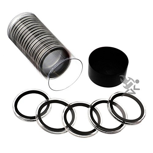 

BLACK LID CAPSULE TUBE & 20 AIR-TITE 40MM BLACK RING COIN HOLDERS FOR