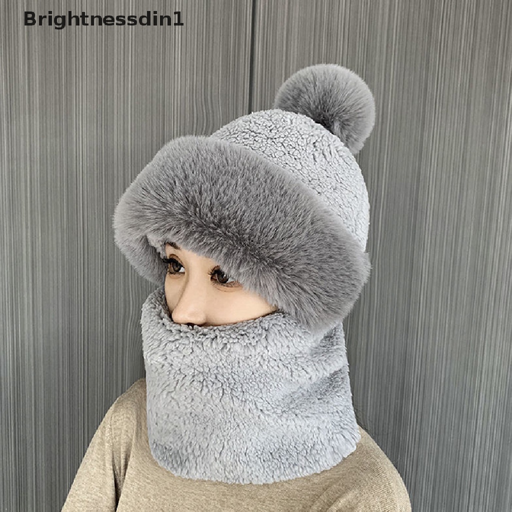 [Brightnessdin1] Winter Beanie Scarf Set Kerudung Untuk Wanita Bulu Cashmere Leher Hangat Rusia Outdoor Ski Topi Anti Angin Tebal Mewah Berbulu Kupluk Butik