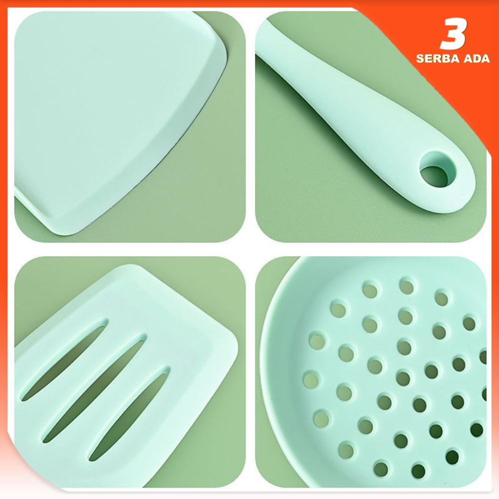 Spatula Set Silikon Tahan Panas Warna Hijau / Alat Masak Set Anti Lengket / Spatula Sodet Sutil Kuas Sendok Nasi Centong Sayur Saringan kocokan Telur