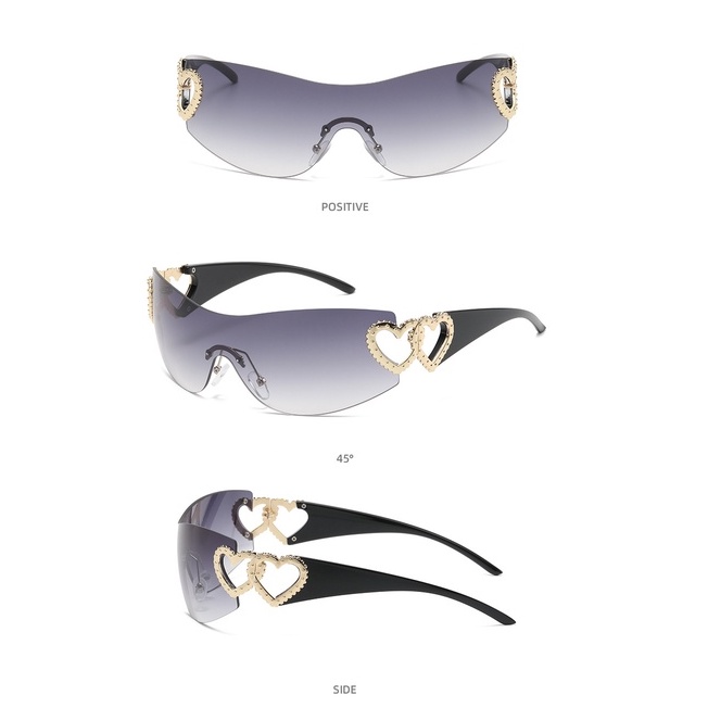 Punk One Piece Kacamata Goggle Baru Y2k Tanpa Bingkai Kacamata Matahari 2000's Shades Eyewear UV400 Female Designer Love heart Eyeglasses