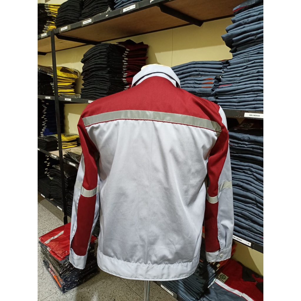 Star Wearpack - Baju Seragam Kerja  Lengan Panjang Warna Abu Muda Kombinasi Maroon