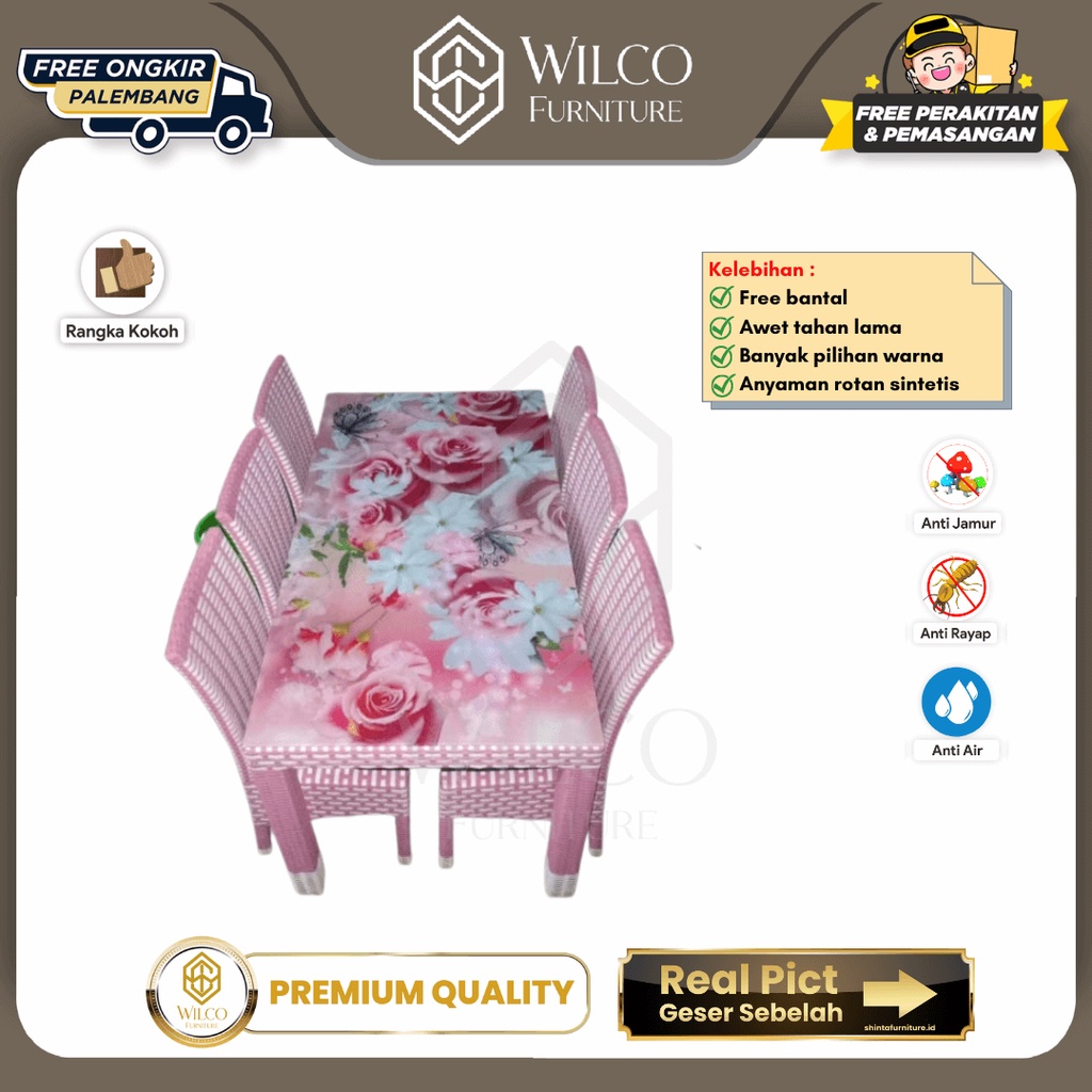 Meja Makan Rotan Sintetis Pink Bunga Minimalis / Meja Makan 6 Kursi - 4 Kursi