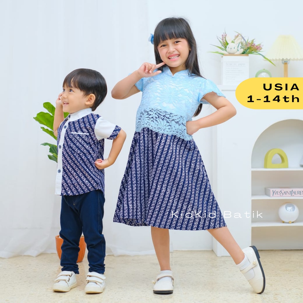 Baju Batik Anak Couple Kakak Adik Laki Perempuan Cowok Cewek Kemeja Dress Brokat Sarimbit Pesta Komb